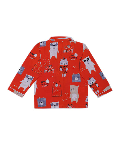 Enfance Cotton Woven Full Sleeves Bear Cartoon Printed Night Suit - Orange
