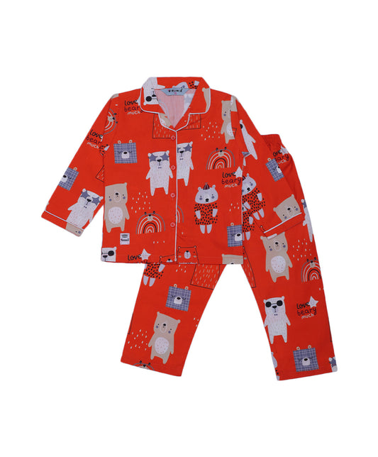 Enfance Cotton Woven Full Sleeves Bear Cartoon Printed Night Suit - Orange