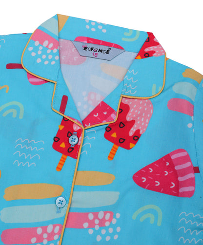 Enfance Cotton Woven Full Sleeves Ice-Cream Printed Night Suit - S.Blue