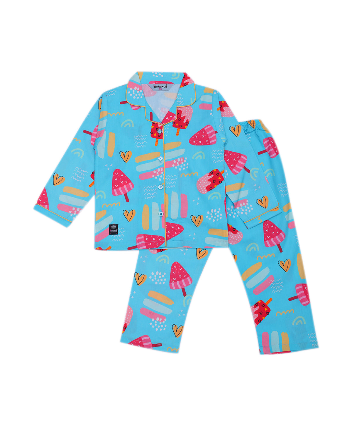 Enfance Cotton Woven Full Sleeves Ice-Cream Printed Night Suit - S.Blue