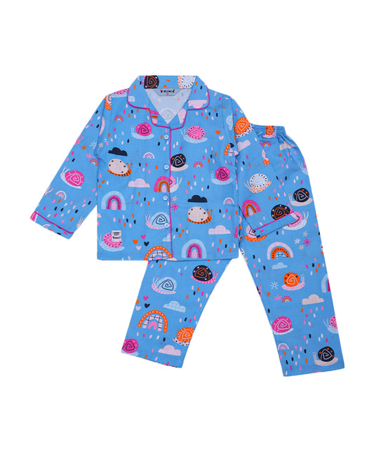 Enfance Cotton Woven Full Sleeves Snail Printed Night Suit -Blue