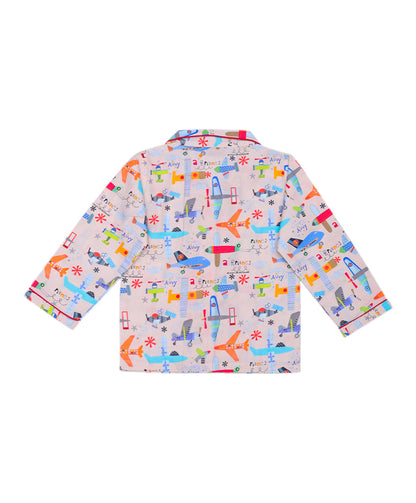 Enfance Full Sleeves Airoplane Printed Night Suit-Fawn