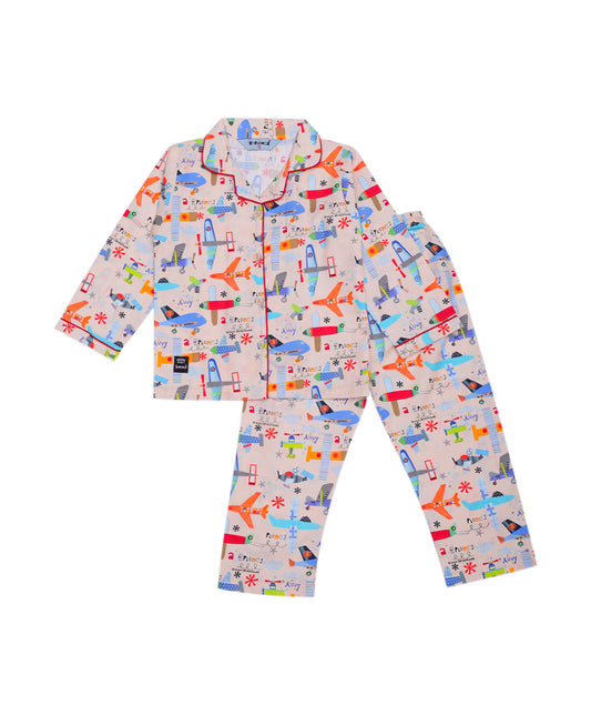 Enfance Full Sleeves Airoplane Printed Night Suit-Fawn