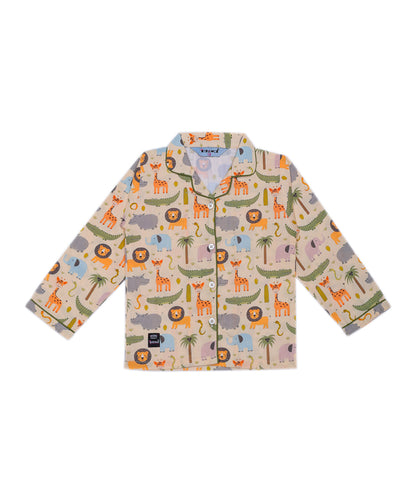 Enfance Cotton Woven Full Sleeves Animal Zoo Printed Night Suit -Lemon