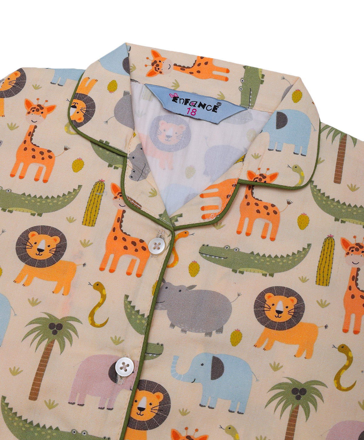Enfance Cotton Woven Full Sleeves Animal Zoo Printed Night Suit -Lemon