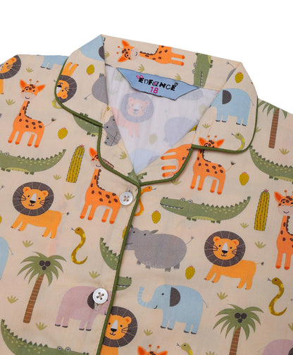 Enfance Cotton Woven Full Sleeves Animal Zoo Printed Night Suit -Lemon