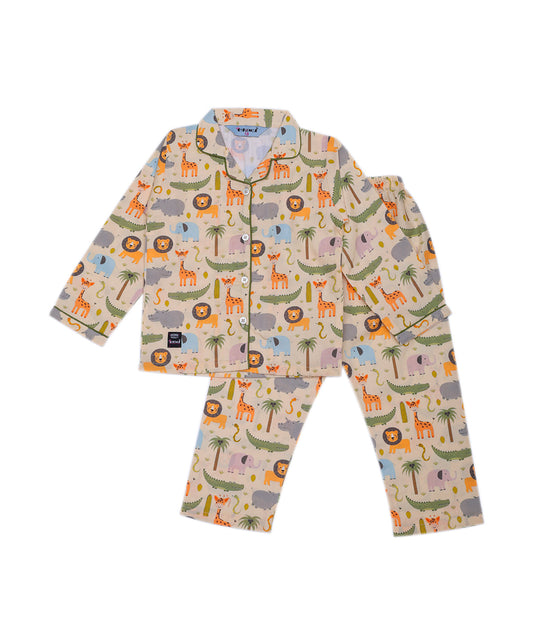 Enfance Cotton Woven Full Sleeves Animal Zoo Printed Night Suit -Lemon