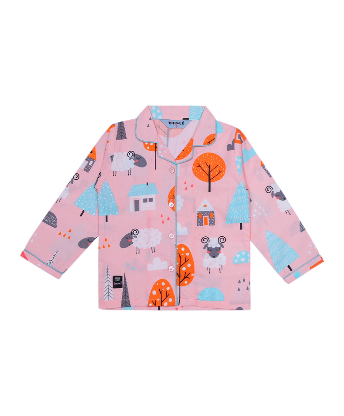 Enfance Cotton Woven Full Sleeves White Sheep Printed Night Suit -Peach