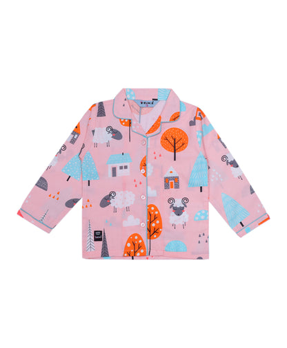 Enfance Cotton Woven Full Sleeves White Sheep Printed Night Suit -Peach