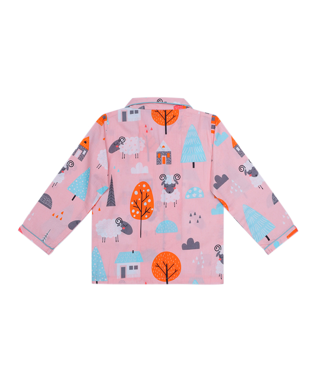Enfance Cotton Woven Full Sleeves White Sheep Printed Night Suit -Peach