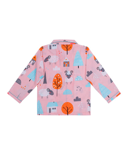 Enfance Cotton Woven Full Sleeves White Sheep Printed Night Suit -Peach