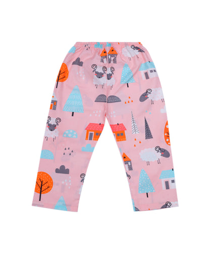 Enfance Cotton Woven Full Sleeves White Sheep Printed Night Suit -Peach