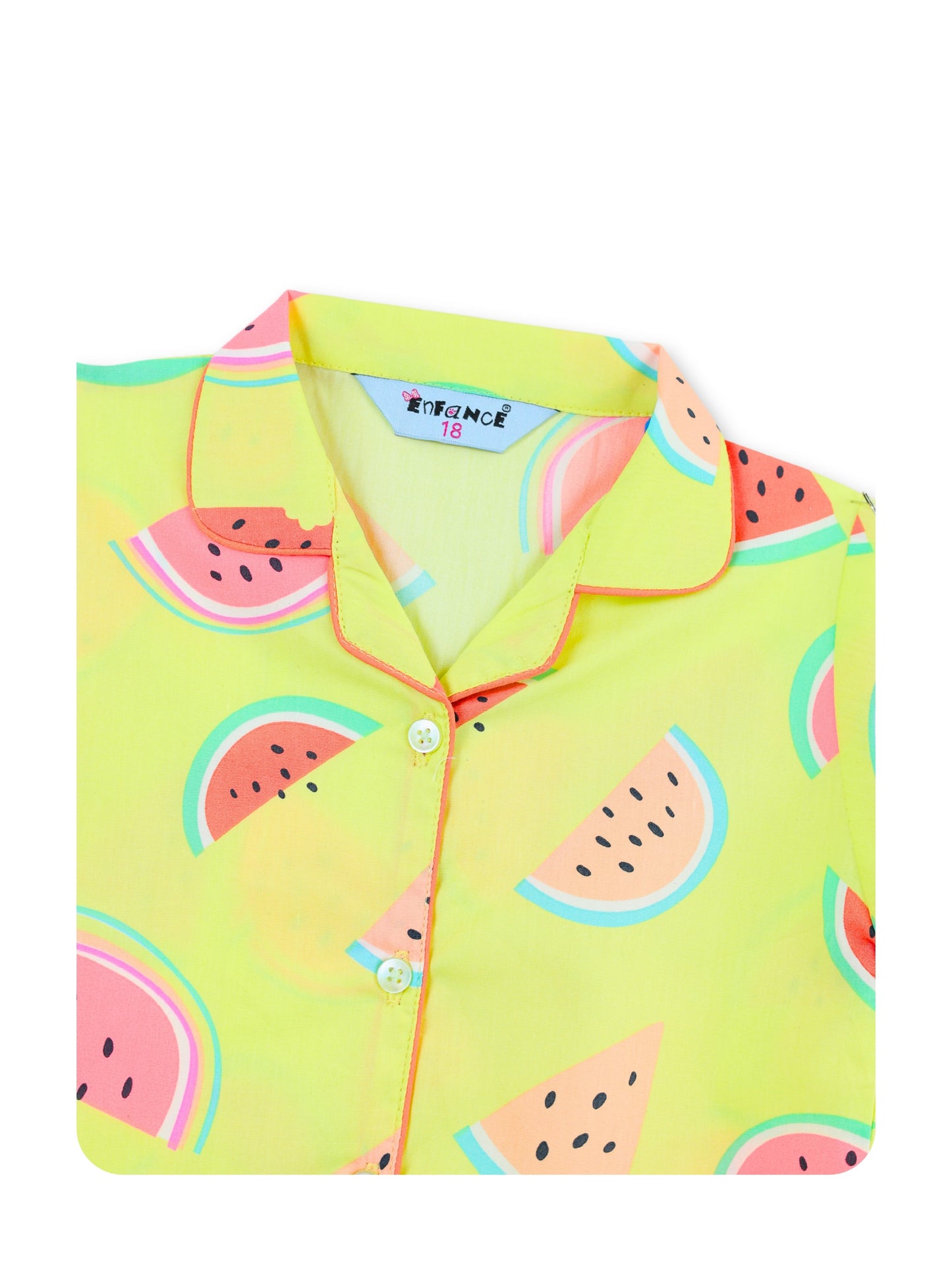 Enfance Cotton Woven Full Sleeves Watermelon Printed Night Suit - P.Green