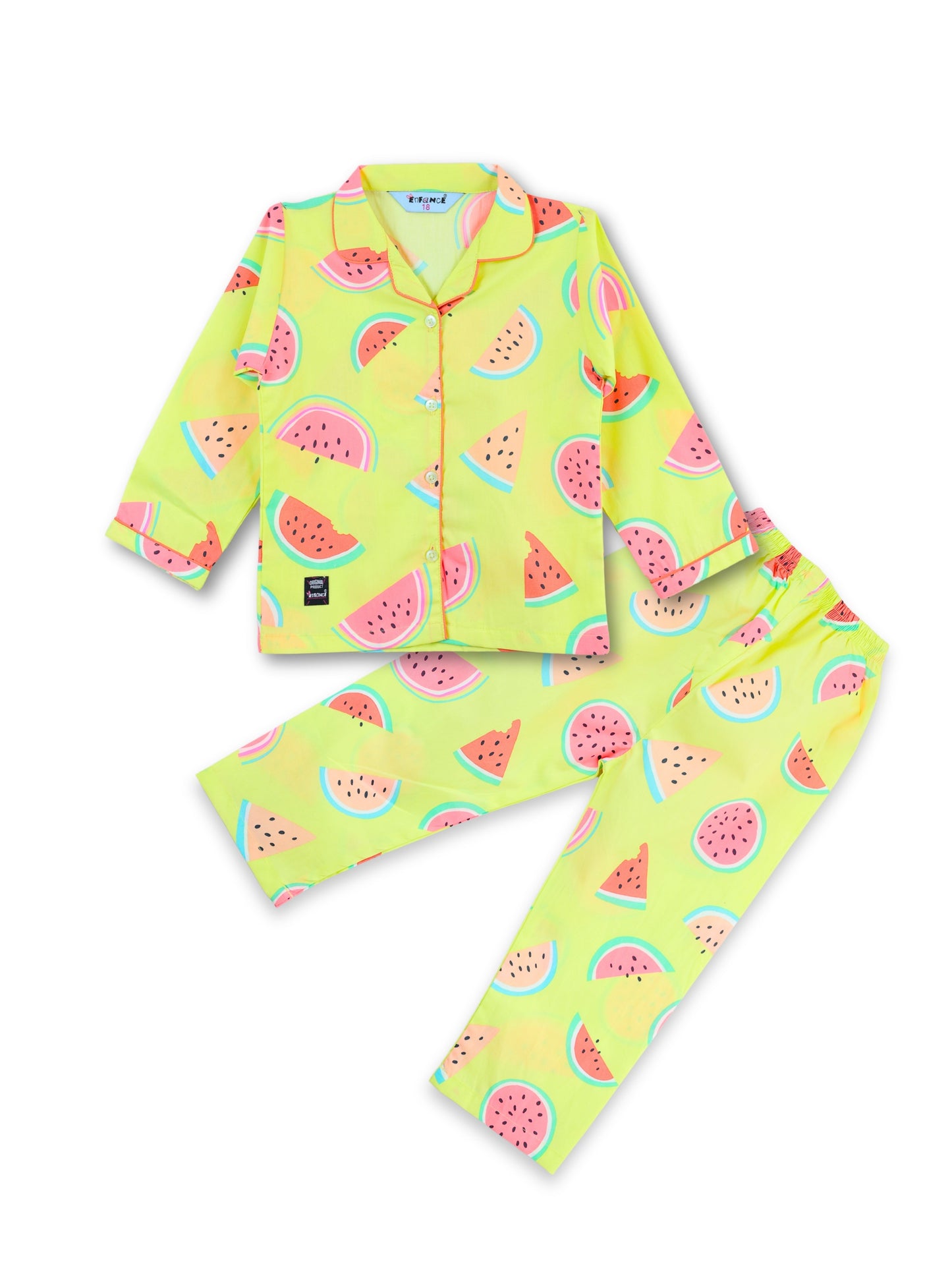 Enfance Cotton Woven Full Sleeves Watermelon Printed Night Suit - P.Green