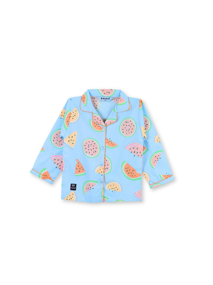 Enfance Cotton Woven Full Sleeves Watermelon Printed Night Suit - S.Blue