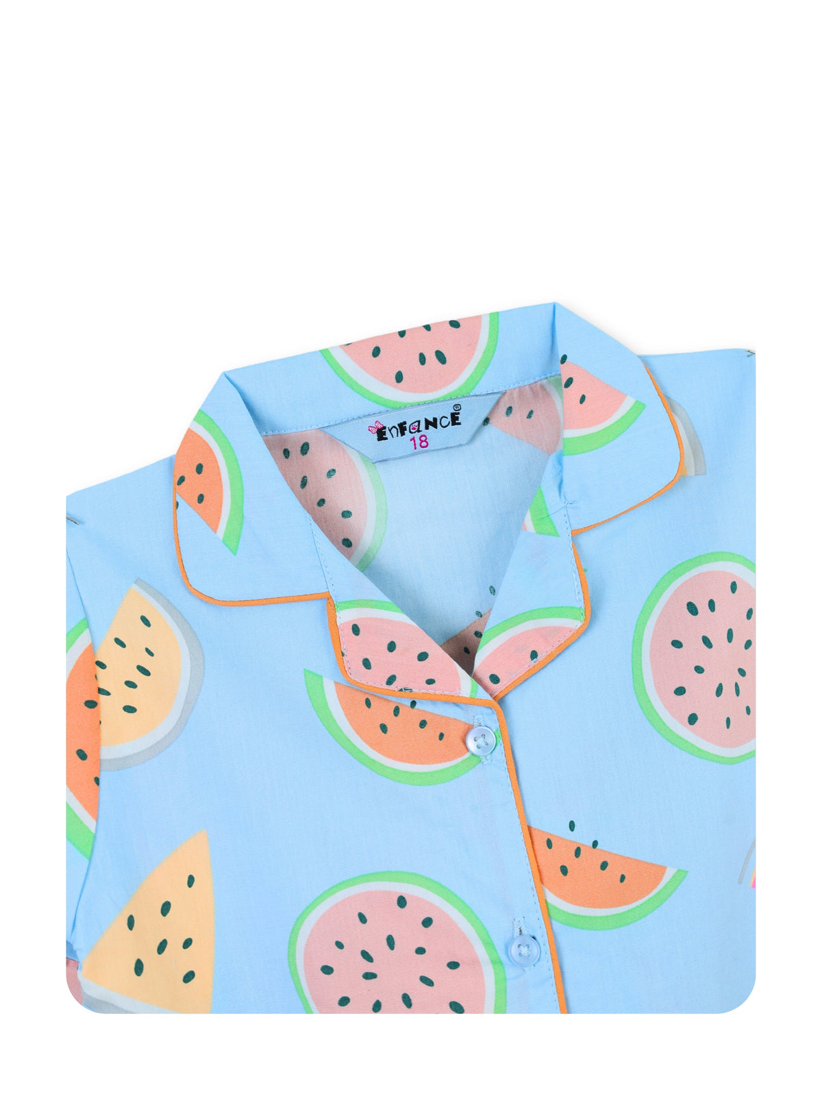 Enfance Cotton Woven Full Sleeves Watermelon Printed Night Suit - S.Blue