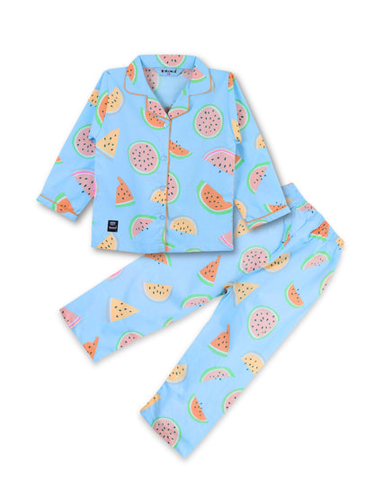 Enfance Cotton Woven Full Sleeves Watermelon Printed Night Suit - S.Blue