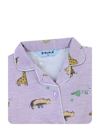 Enfance Cotton Woven Full Sleeves Zebra Printed Night Suit - Purple