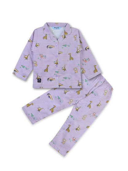 Enfance Cotton Woven Full Sleeves Zebra Printed Night Suit - Purple