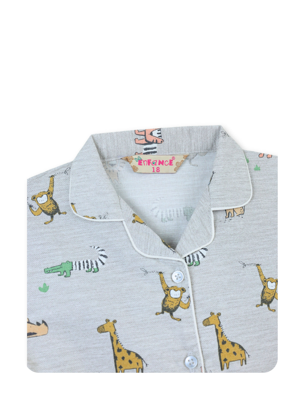 Enfance Cotton Woven Full Sleeves Zebra Printed Night Suit - Grey