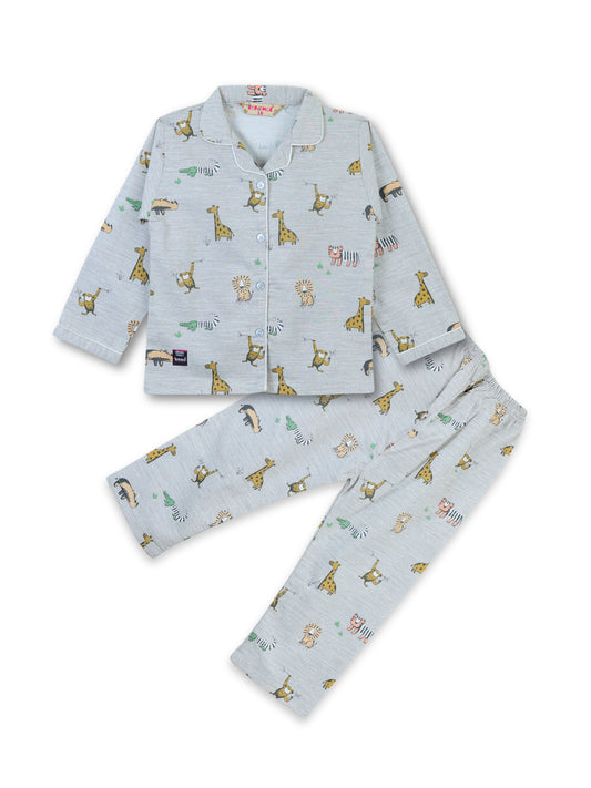Enfance Cotton Woven Full Sleeves Zebra Printed Night Suit - Grey