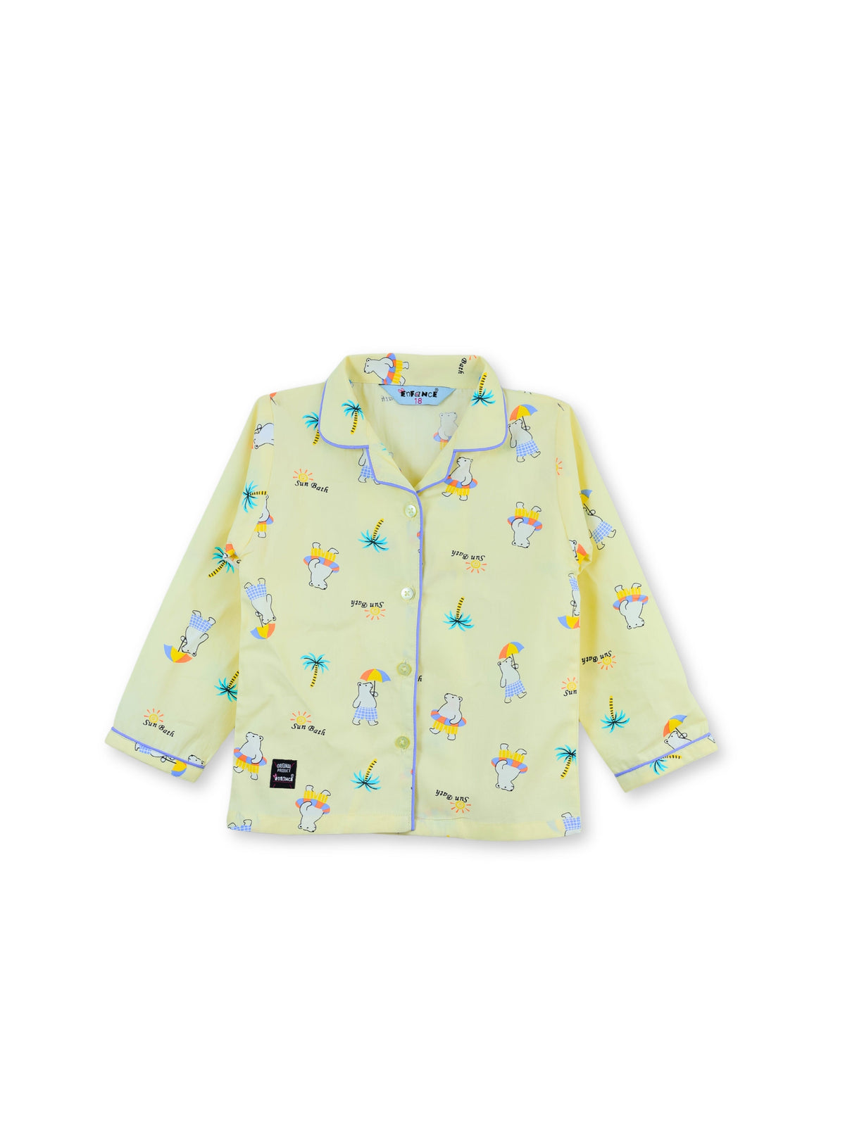 Enfance Cotton Woven Full Sleeves Bear Printed Night Suit - Lemon