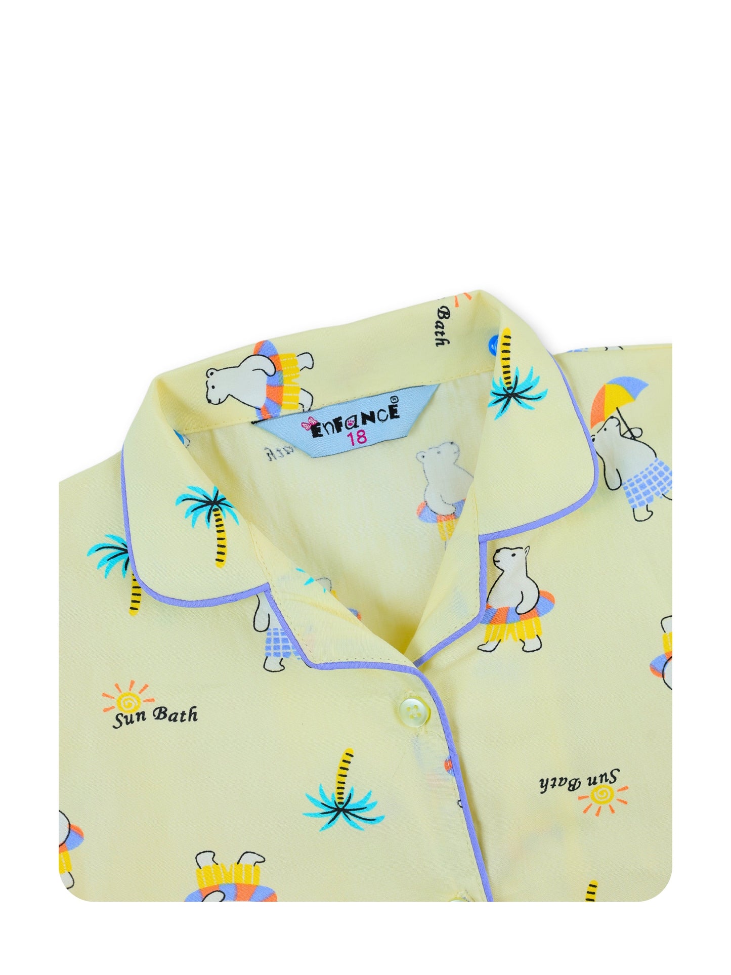 Enfance Cotton Woven Full Sleeves Bear Printed Night Suit - Lemon