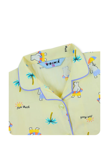 Enfance Cotton Woven Full Sleeves Bear Printed Night Suit - Lemon
