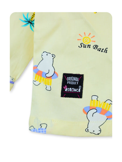 Enfance Cotton Woven Full Sleeves Bear Printed Night Suit - Lemon