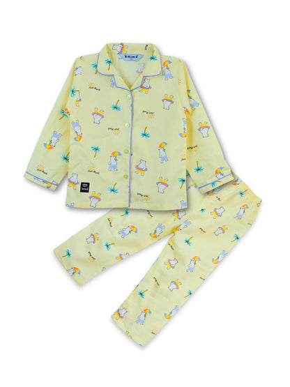 Enfance Cotton Woven Full Sleeves Bear Printed Night Suit - Lemon