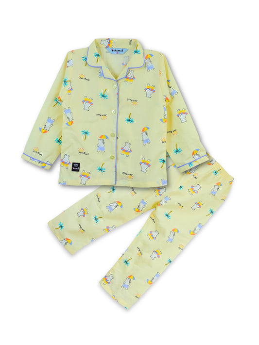 Enfance Cotton Woven Full Sleeves Bear Printed Night Suit - Lemon