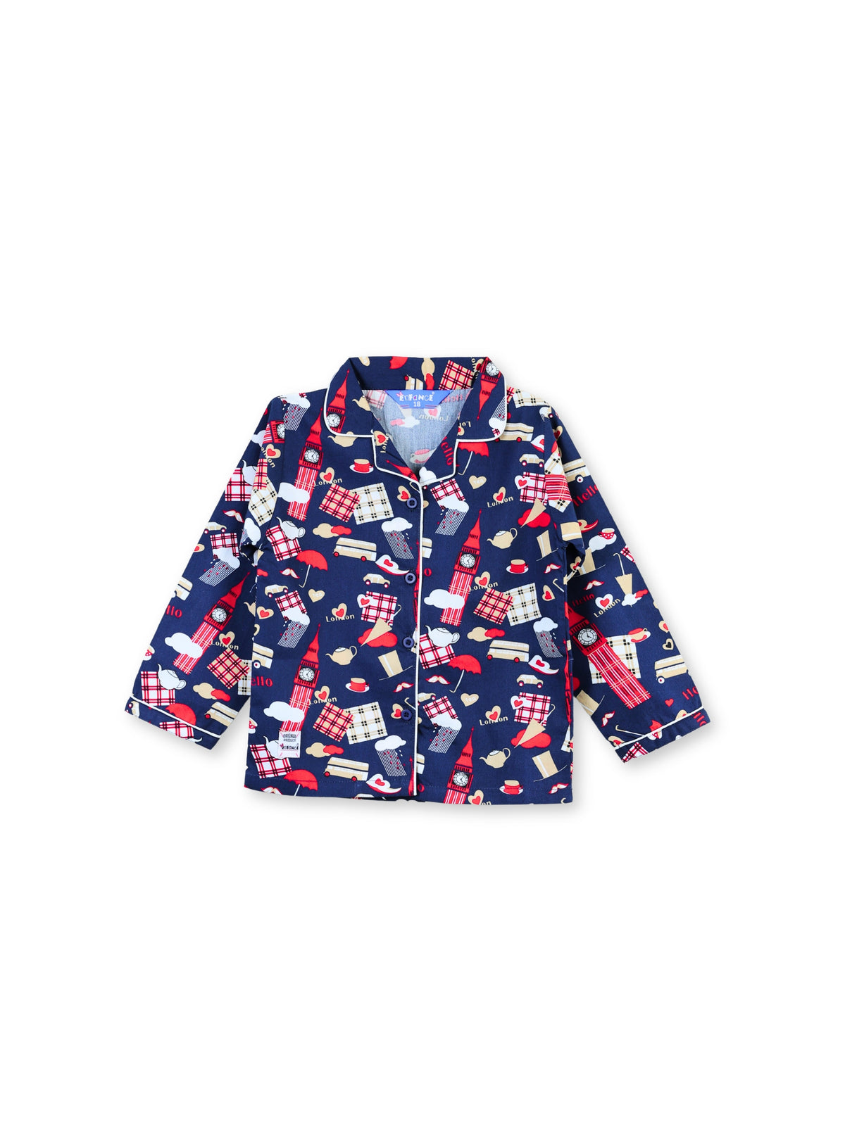 Enfance Cotton Woven Full Sleeves Gnome Printed Night Suit - Navy