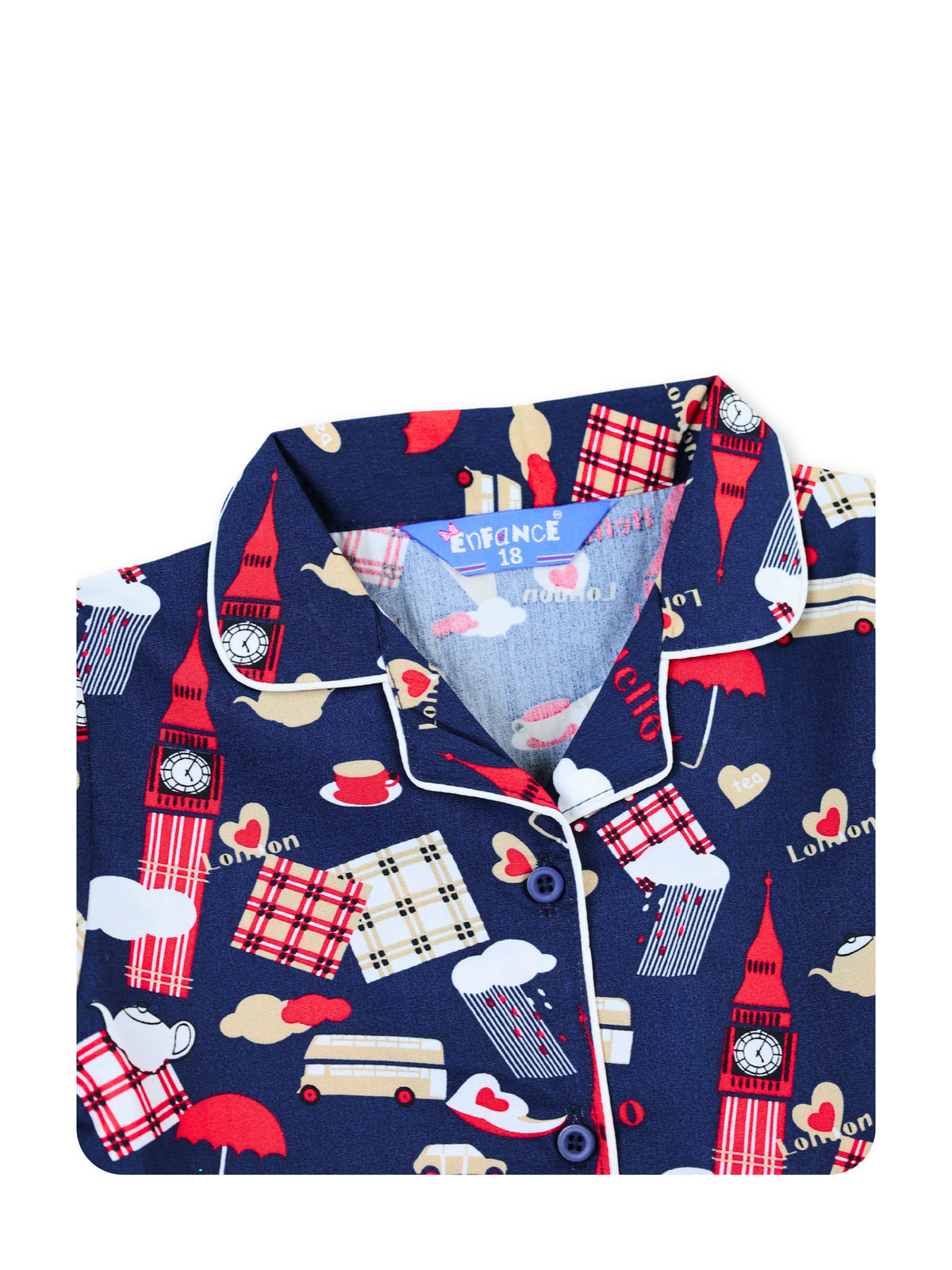 Enfance Cotton Woven Full Sleeves Gnome Printed Night Suit - Navy