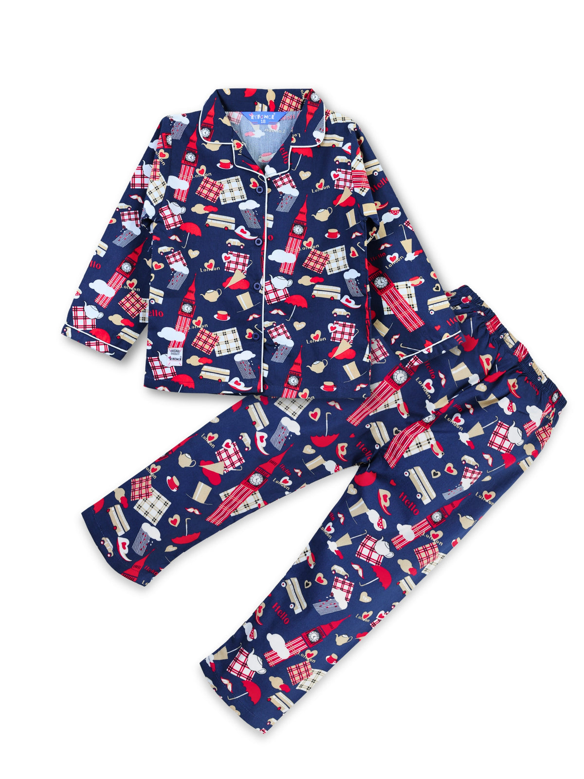 Enfance Cotton Woven Full Sleeves Gnome Printed Night Suit - Navy