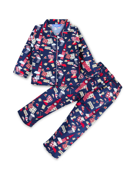 Enfance Cotton Woven Full Sleeves Gnome Printed Night Suit - Navy