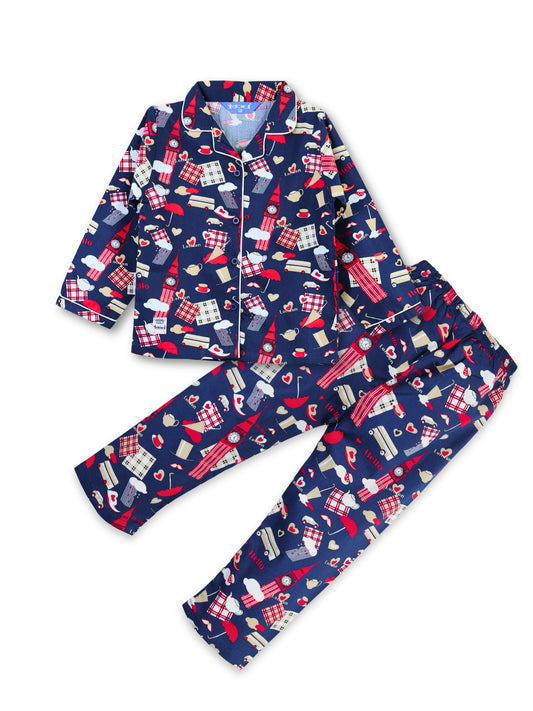 Enfance Cotton Woven Full Sleeves Gnome Printed Night Suit - Navy