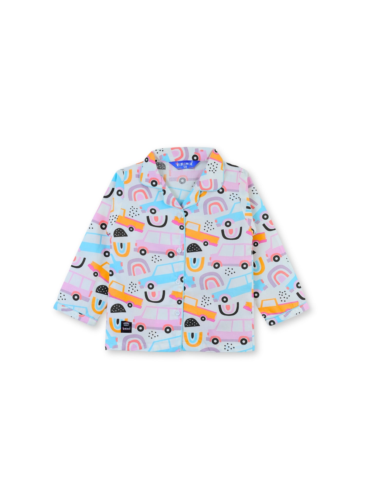 Enfance Cotton Woven Full Sleeves Car & Rainbow Printed Night Suit - Pink
