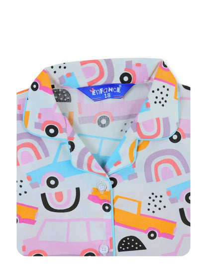 Enfance Cotton Woven Full Sleeves Car & Rainbow Printed Night Suit - Pink