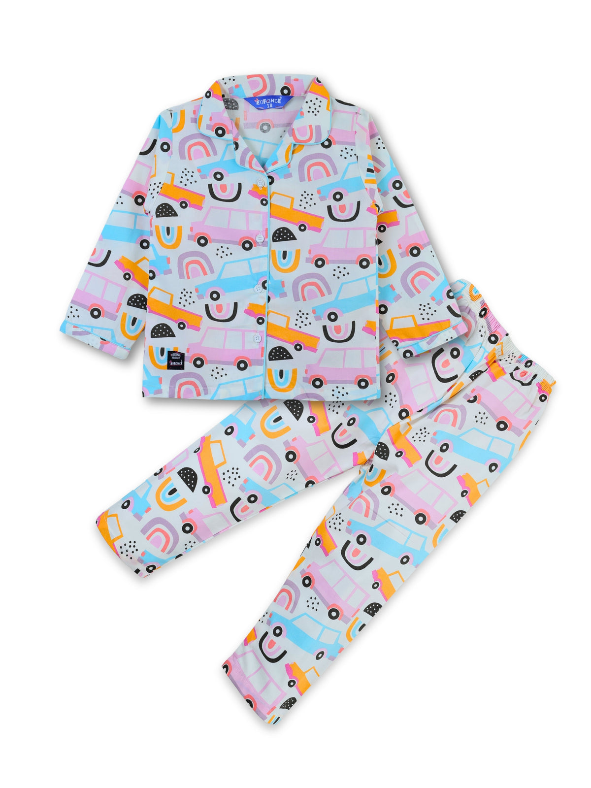 Enfance Cotton Woven Full Sleeves Car & Rainbow Printed Night Suit - Pink
