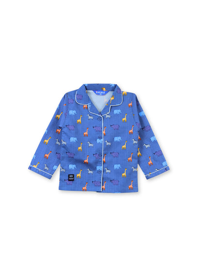 Enfance Cotton Woven Full Sleeves Safari Animal Print Night Suit - Grey