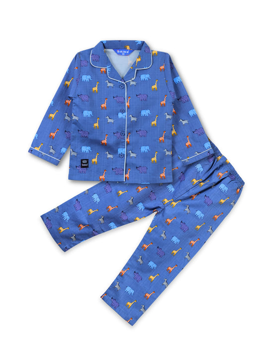 Enfance Cotton Woven Full Sleeves Safari Animal Print Night Suit - Grey