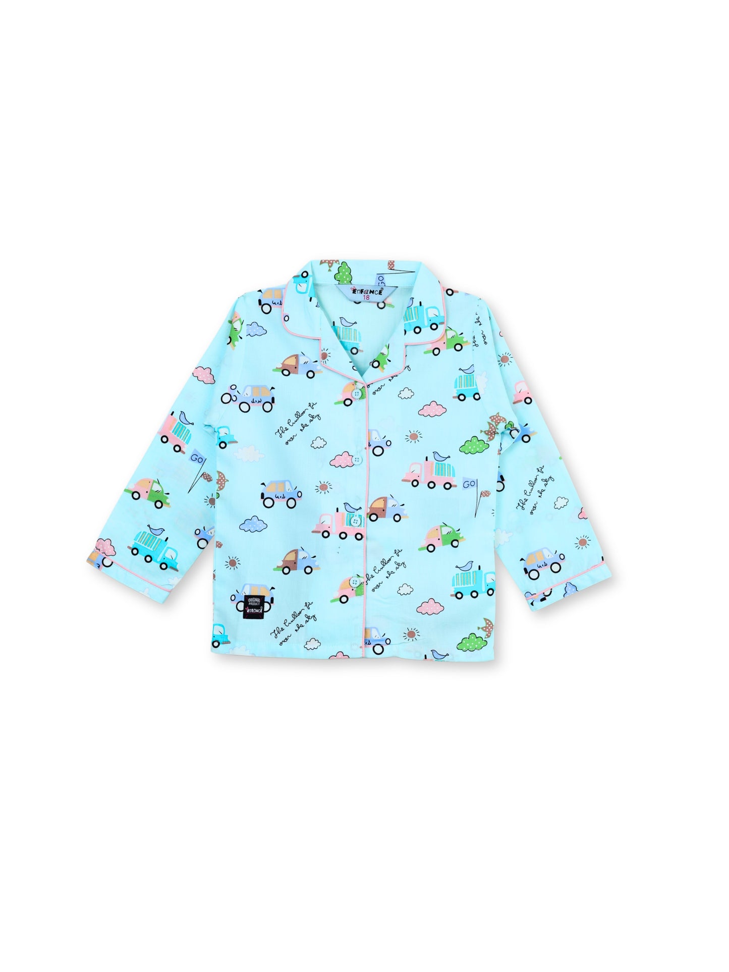 Enfance Cotton Woven Full Sleeves Vehicle & Train Printed Night Suit - S.Green