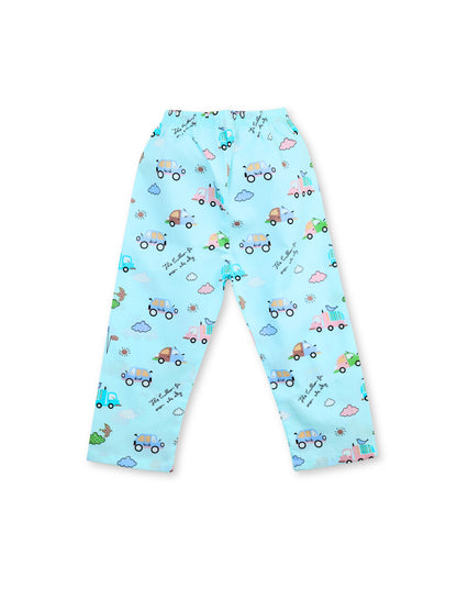 Enfance Cotton Woven Full Sleeves Vehicle & Train Printed Night Suit - S.Green