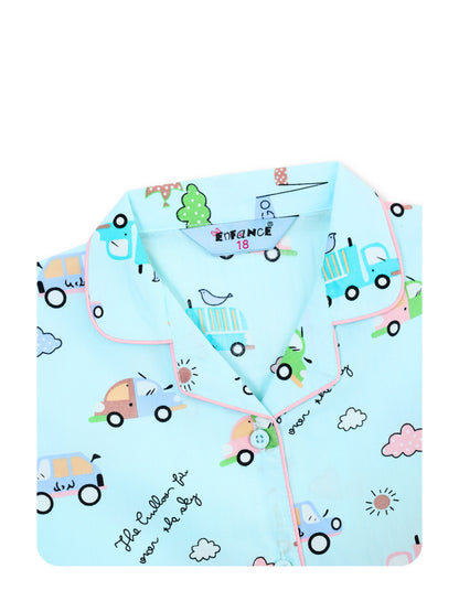 Enfance Cotton Woven Full Sleeves Vehicle & Train Printed Night Suit - S.Green