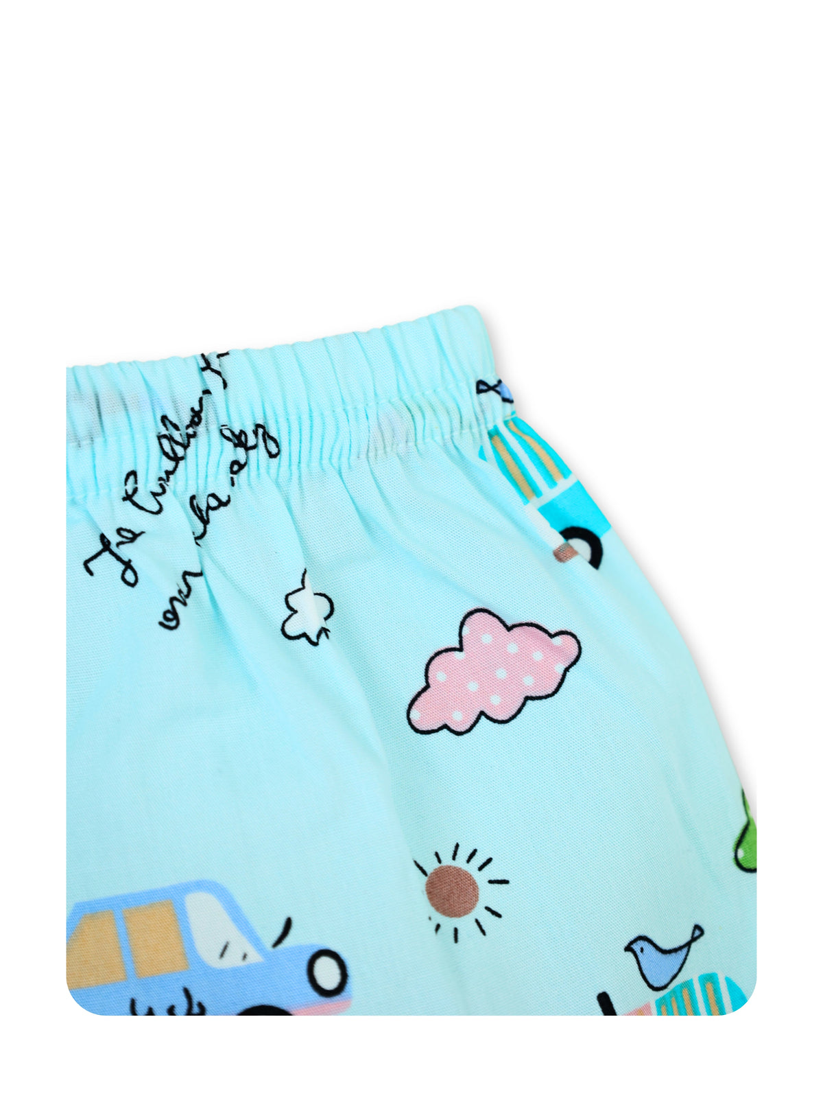 Enfance Cotton Woven Full Sleeves Vehicle & Train Printed Night Suit - S.Green