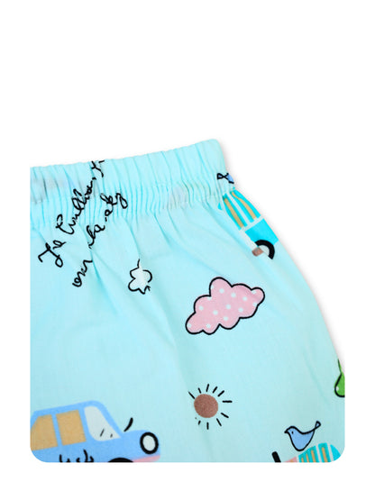 Enfance Cotton Woven Full Sleeves Vehicle & Train Printed Night Suit - S.Green