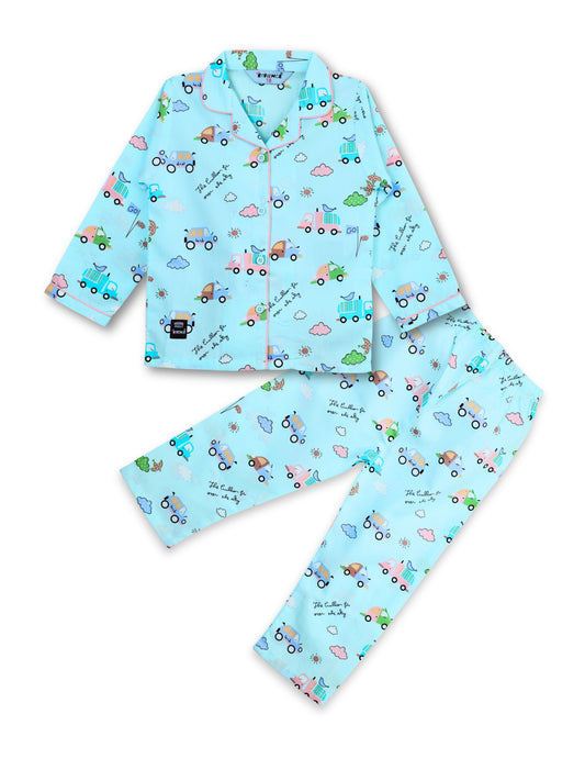 Enfance Cotton Woven Full Sleeves Vehicle & Train Printed Night Suit - S.Green
