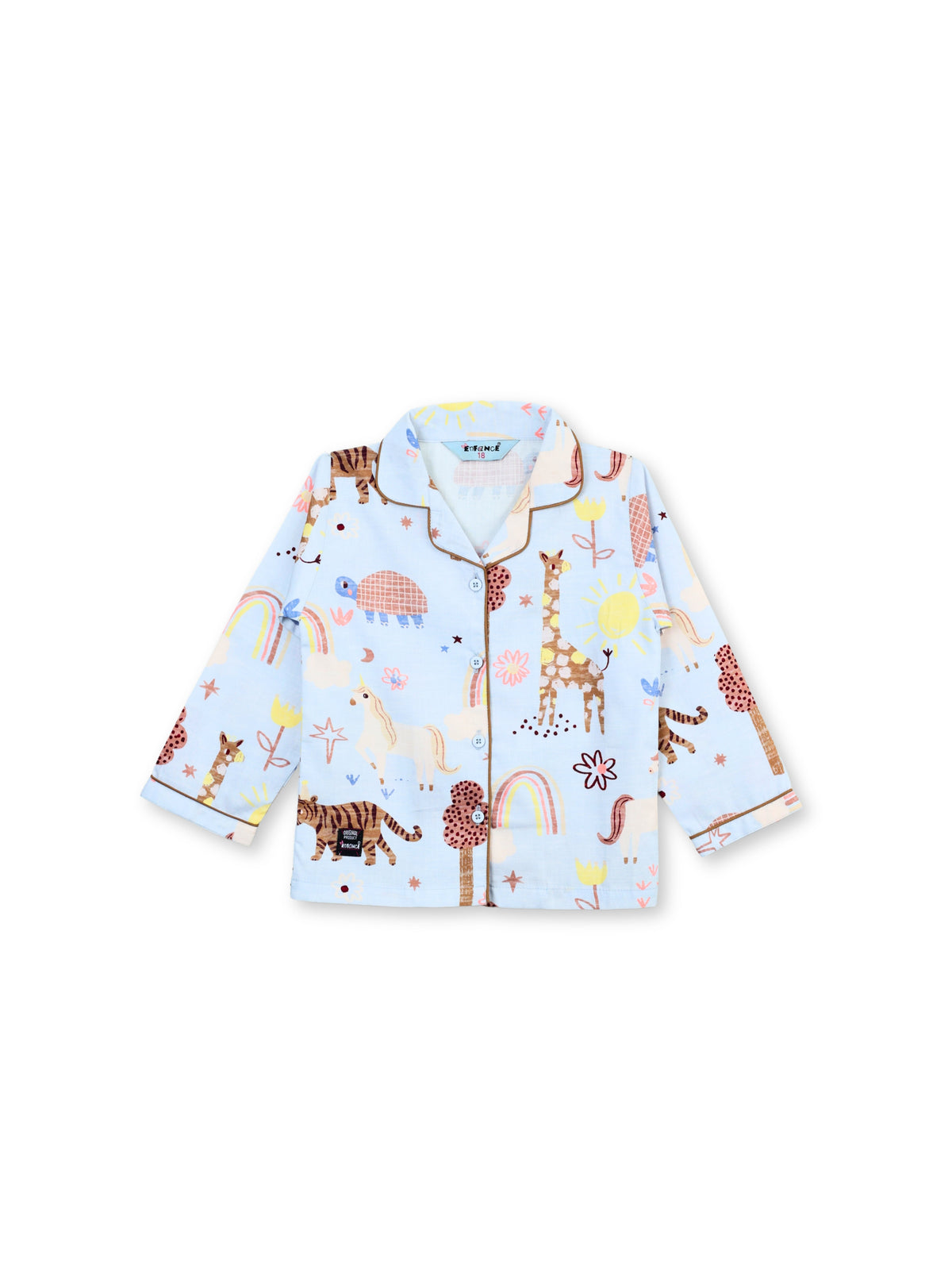 Enfance Cotton Woven Full Sleeves Safari Animal & Rainbow Printed Night Suit - S.Blue
