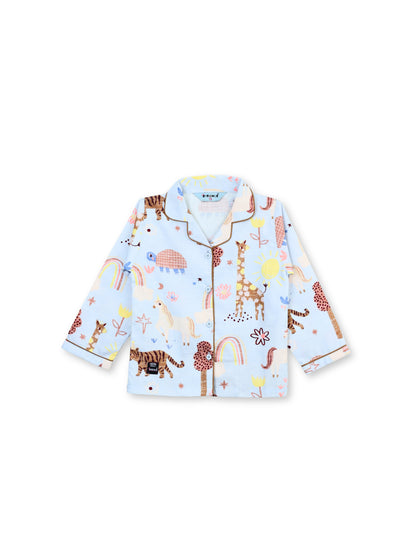 Enfance Cotton Woven Full Sleeves Safari Animal & Rainbow Printed Night Suit - S.Blue
