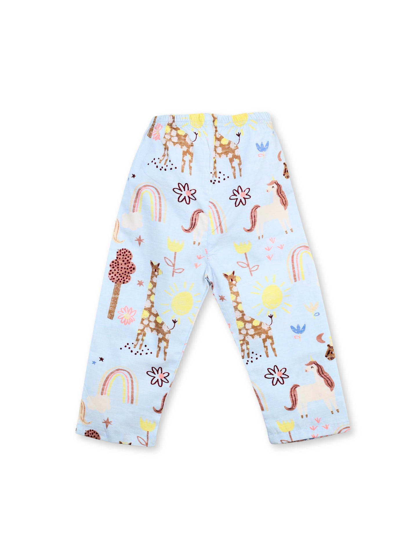 Enfance Cotton Woven Full Sleeves Safari Animal & Rainbow Printed Night Suit - S.Blue